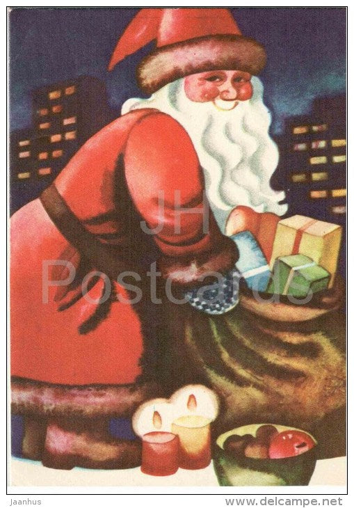 New Year Greeting Card by L. Härm - Santa Claus - gifts - Estonia - USSR - 1979 - used - JH Postcards