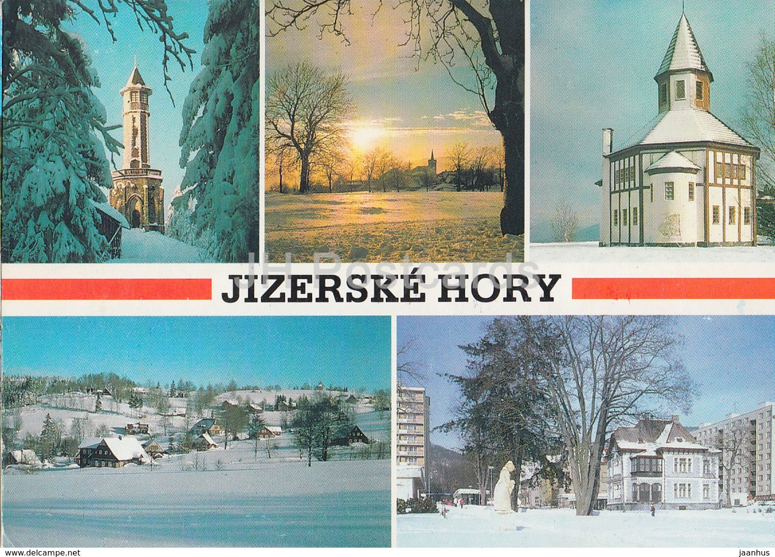 Jizerske Hory - winter - Hvezda tower - Prichovice - chapel - multiview - Czechoslovakia - Czech Republic - used - JH Postcards