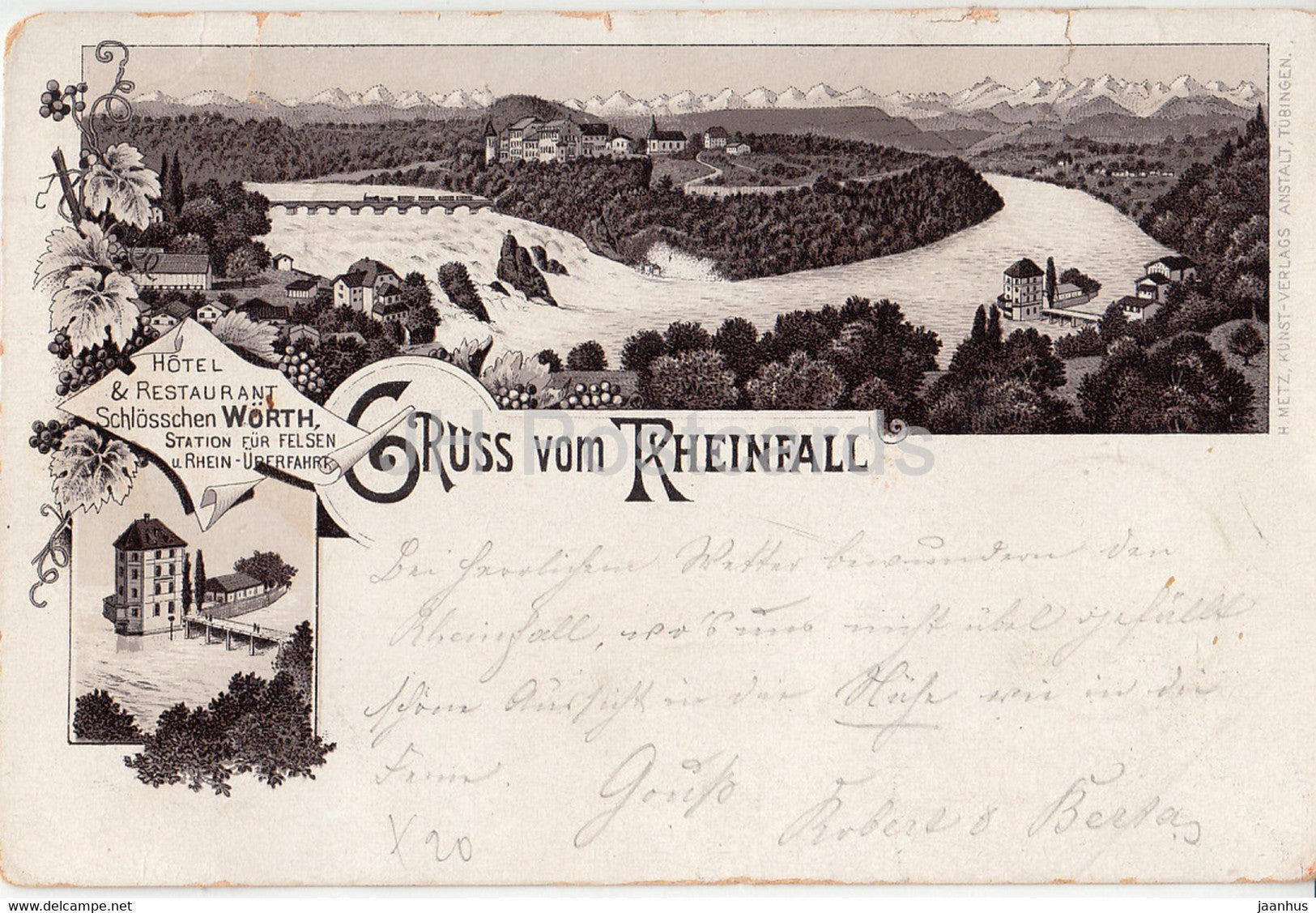 Gruss vom Rheinfall - hotel restaurant schlosschen Worth - old postcard - 1894 - Switzerland - used - JH Postcards