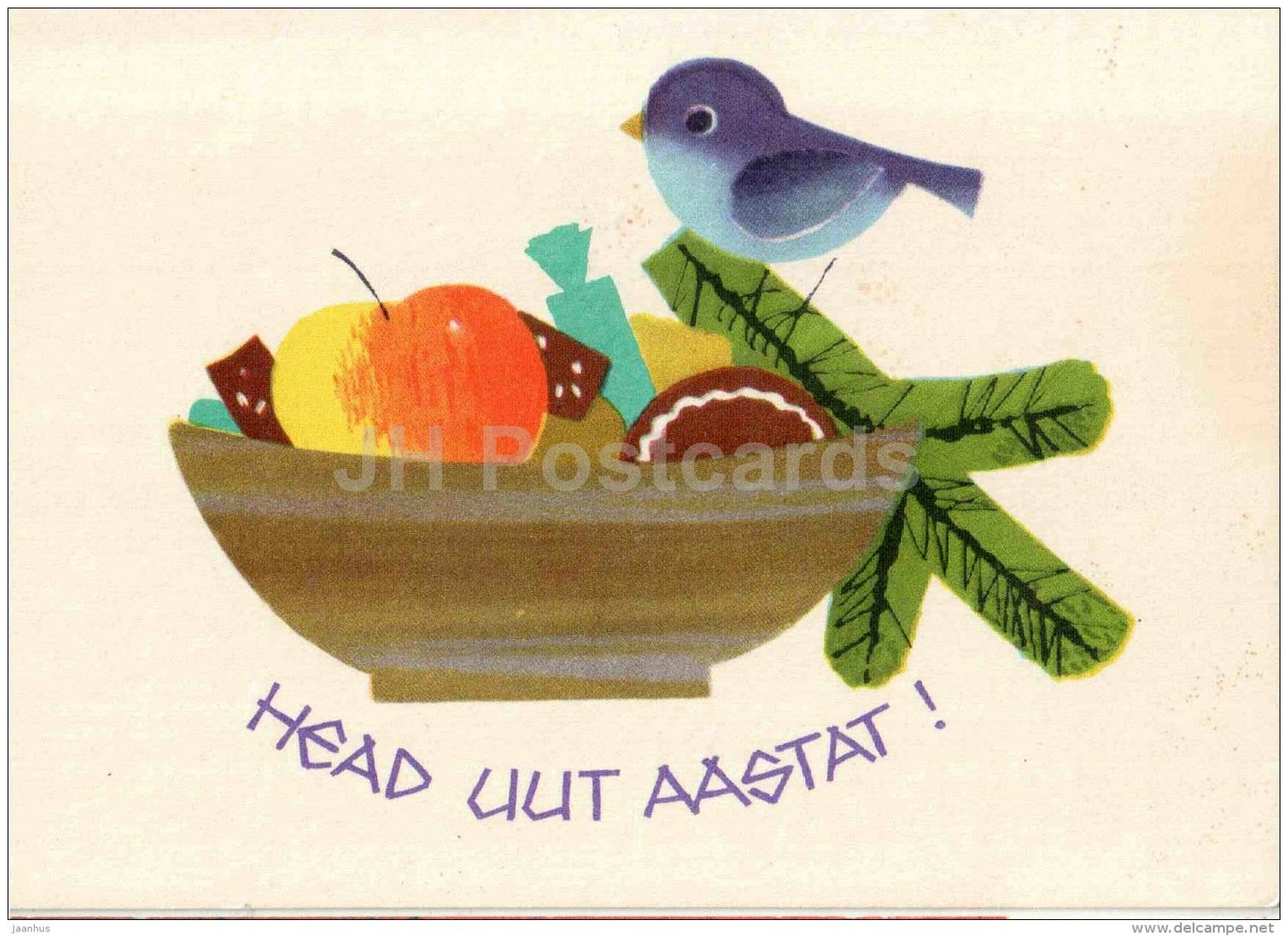 New Year Greeting Card by L. Härm - bird - apple - 1967 - Estonia USSR - used - JH Postcards