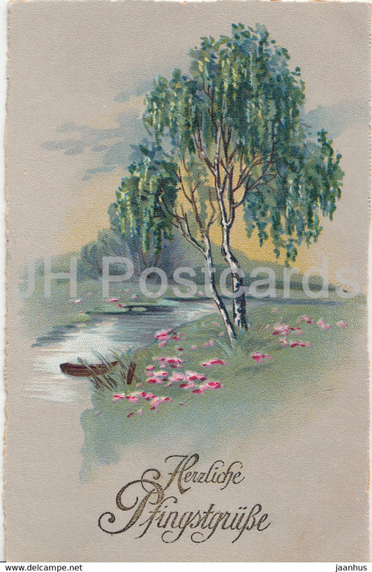 Pentecost Greeting Card - Herzliche Pfingstgrusse - birch - boat - HWB SER 1841 - old postcard - Germany - unused - JH Postcards