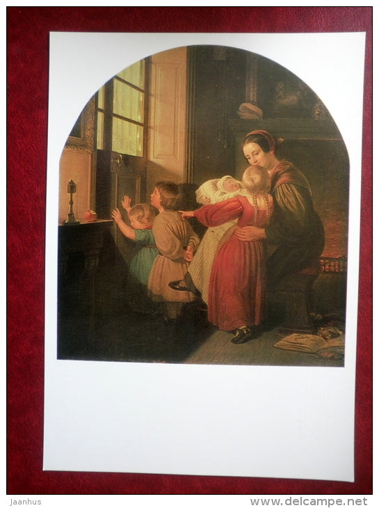 large format postcard - painting by Theodor Ferdinand Hilderbrandt , Children on Christmas Eve - german art - unused - JH Postcards