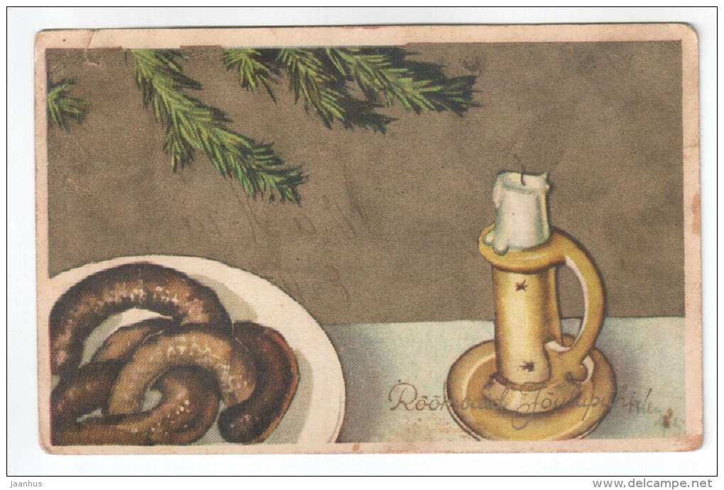 Christmas Greeting Card - blood sausage - candle - WO 1025 - old postcard - circulated in Estonia 1935 Kõo - used - JH Postcards