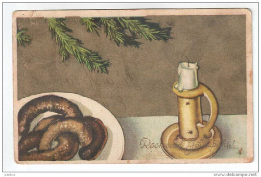 Christmas Greeting Card - blood sausage - candle - WO 1025 - old postcard - circulated in Estonia 1935 Kõo - used - JH Postcards