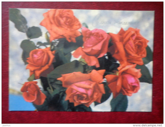 Birthday Greeting Card - red roses - flowers - 1984 - Russia USSR - used - JH Postcards