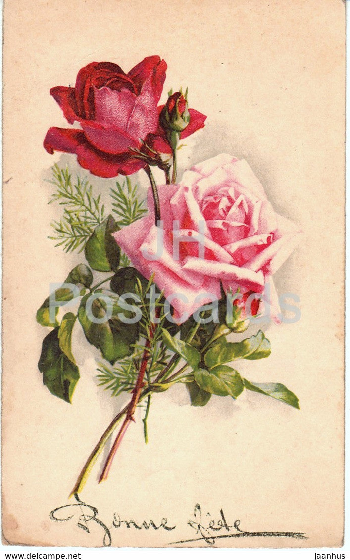 Birthday Greeting Card - Bonne Fete - flowers - roses -  illustration - old postcard - 1943 - France - used - JH Postcards