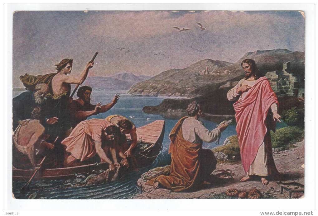 painting by Schraudolph - Jesus and Fishermen - boat - circulated in Estonia 1928 - used - JH Postcards