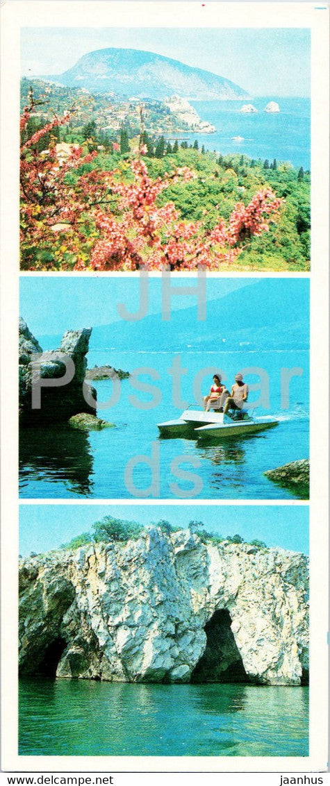 Gurzuf - View of Ayu-Dag and Adalari - Gurzuf Bay - Pushkin Grotto - pedalo - Crimea - 1985 - Ukraine USSR - unused - JH Postcards