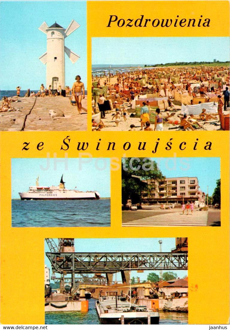 Swinoujscie - Falochron - Plaza - Prom mf Wilanow - W porcie - lighthouse - beach - port - multiview - Poland - unused - JH Postcards