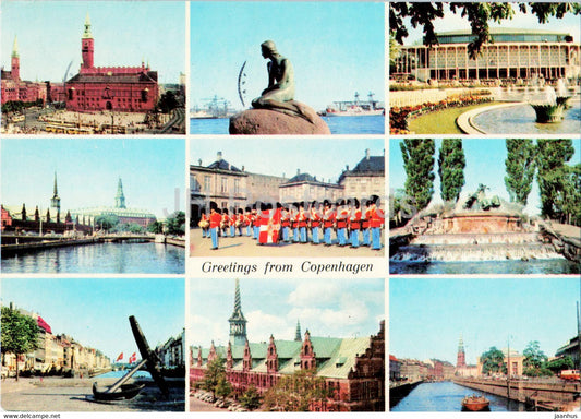 Greetings from Copenhagen - Little Mermaid - Guard - anchor - city views - multiview - 1979 - Denmark - used - JH Postcards