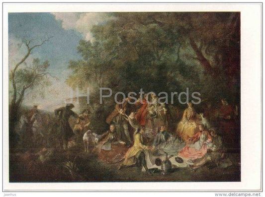 painting by Nicolas Lancret - Breakfast of hunters - french art - unused - JH Postcards