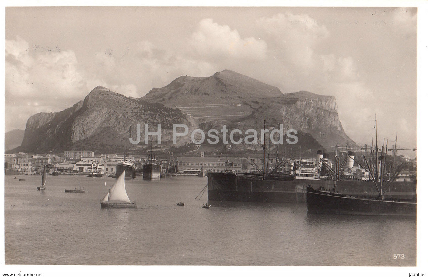 Palermo - Hafen und Monte Pellegrino - port - ship - 573 - old postcard - Italy - unused - JH Postcards