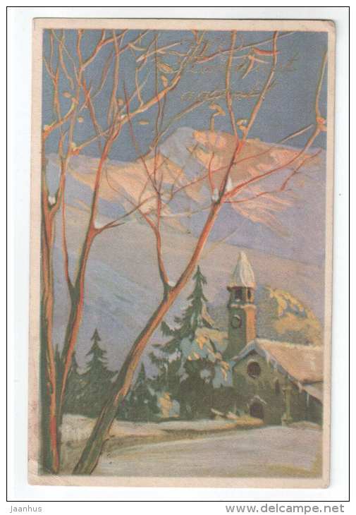 New Year Greeting Card - mountains - church - Degami 732 Ross Monopol - old postcard - circulated in Estonia 1927- used - JH Postcards