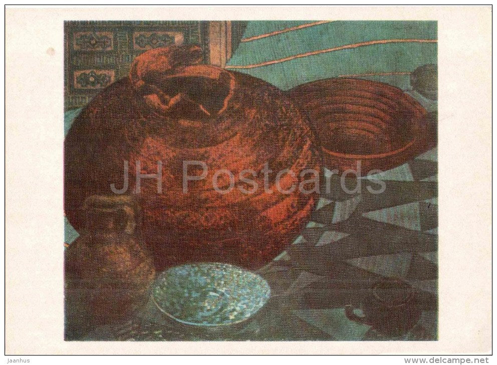 painting by B. Berdzenishvili - Khevsurian Still Life , 1961 - dishes - georgian art - unused - JH Postcards