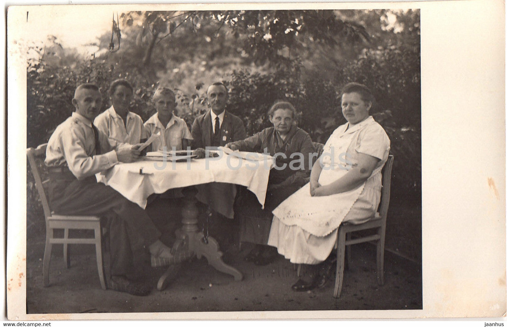 men and women by the table - boy - old postcard - Germany -  unused - JH Postcards