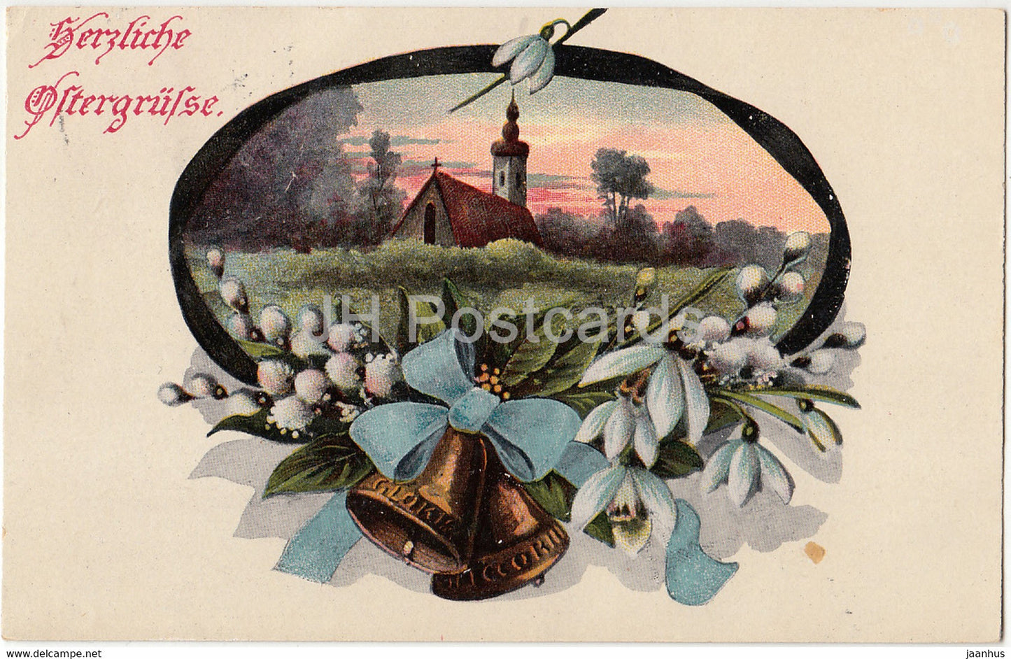 Easter Greeting Card - Herzliche Ostergrusse - bells - church - old postcard - 1919 - Germany - used - JH Postcards