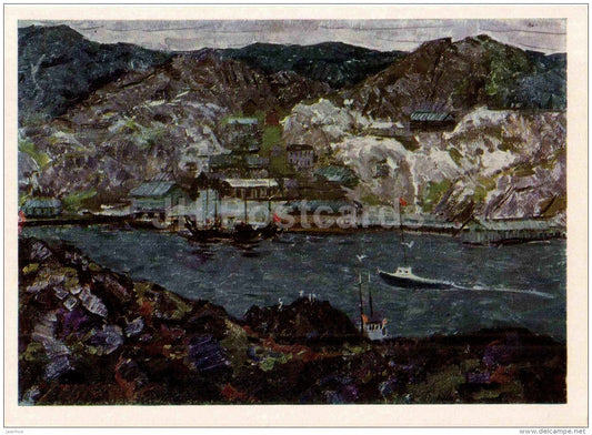 Portrait of Nina Sergeyeva - Arctic , 1965 - houses - boats - Russian art - 1968 - Russia USSR - unused - JH Postcards