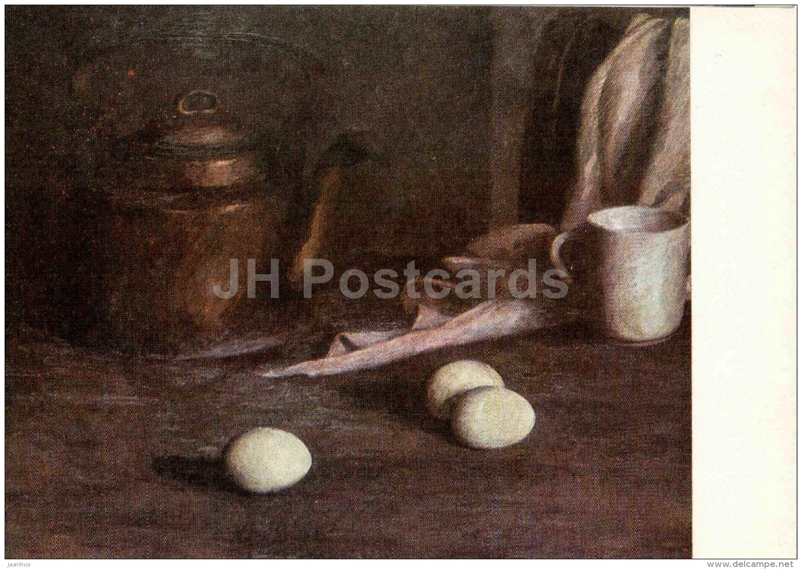 painting by O. Maran - Still Life with a copper Jug , 1974 - eggs - estonian art - Estonia USSR - 1984 - unused - JH Postcards