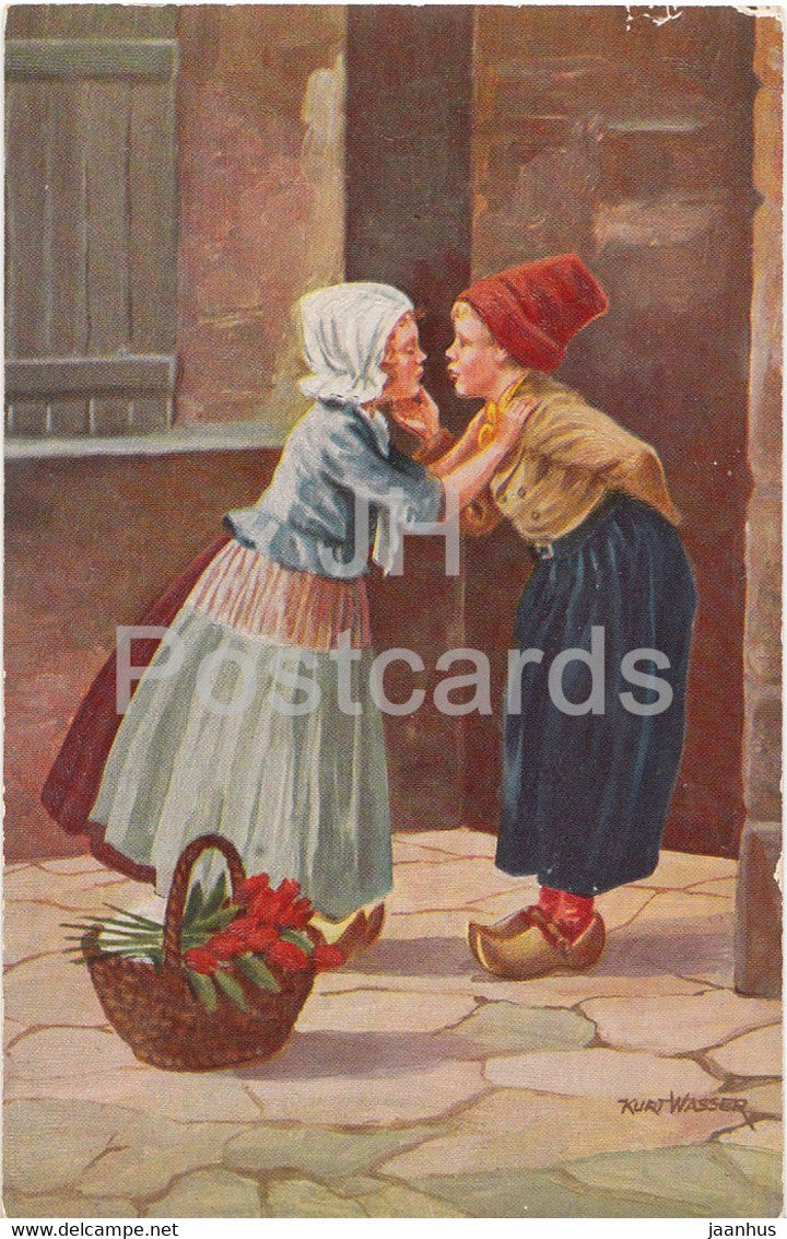 Holl Kinder III - Kurt Wasser - netherlands children - folk costumes - illustration - old postcard - Germany - unused - JH Postcards