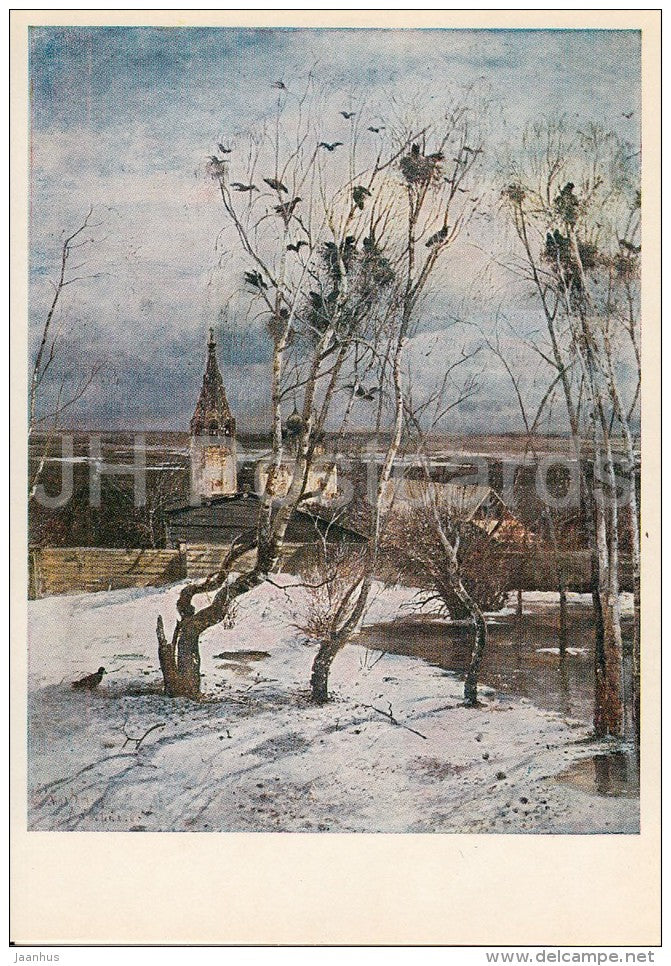 painting by A. Savrasov - Rooks flew in , 1871 - church - birch trees - Russian art - 1980 - Russia USSR - unused - JH Postcards