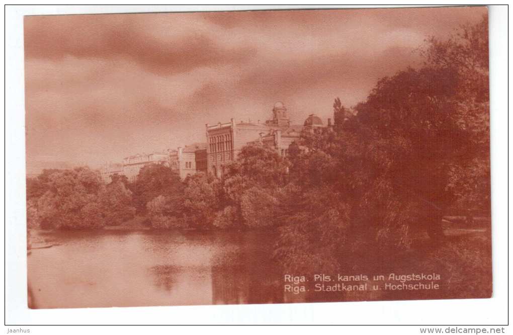 Stadkanal und Hochschule - Riga - Latvia - old postcard - used - JH Postcards