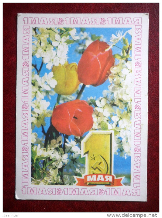 May 1st Greeting Card - tulips - flowers - 1977 - Russia USSR - used - JH Postcards