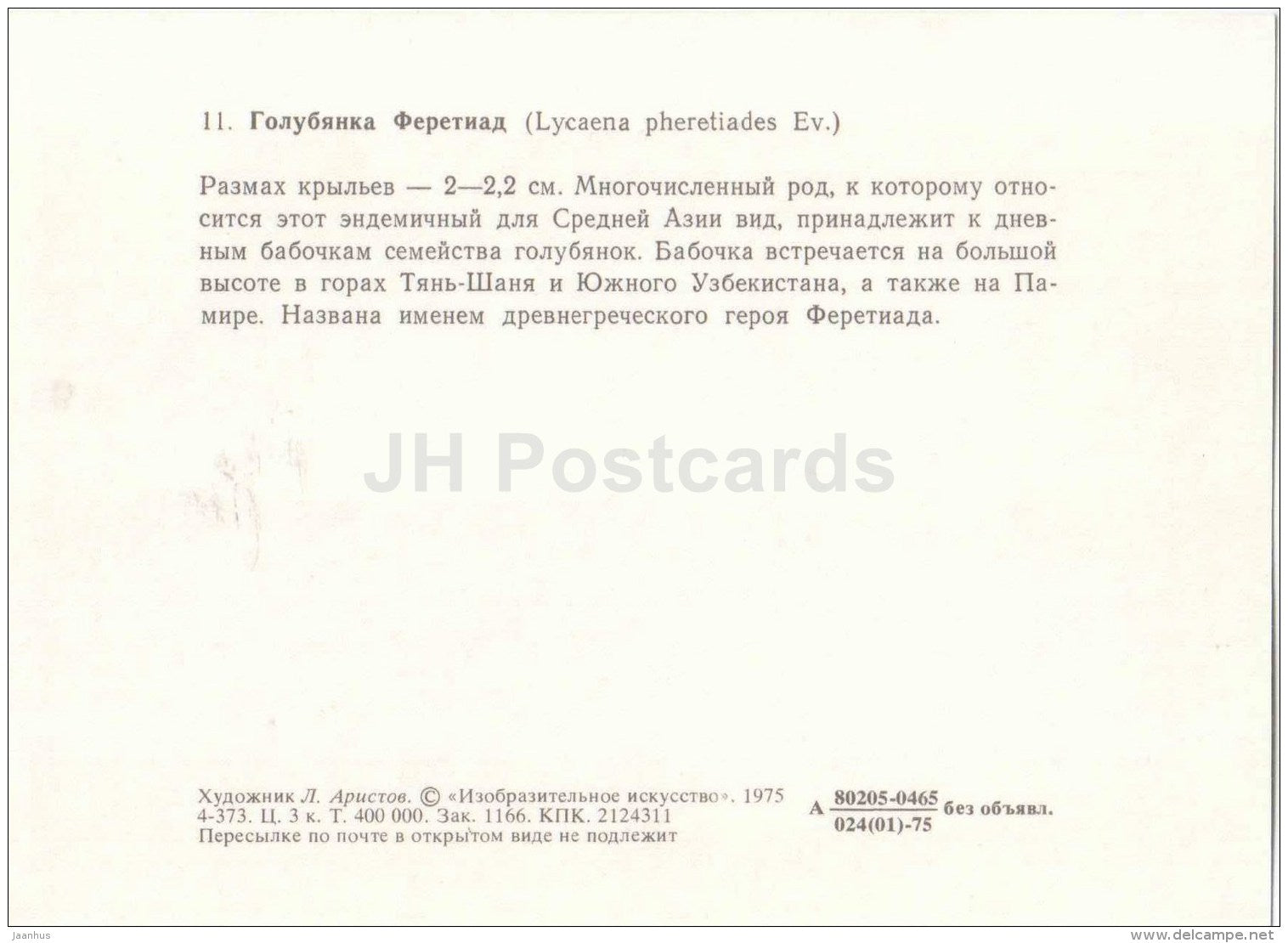 Tien Shan Blue - Agriades pheretiades - butterfly - 1975 - Russia USSR - unused - JH Postcards