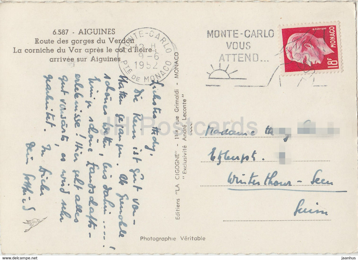 Aiguines - Route des gorges du Verdon - La corniche du Var après le col d'Iloire - carte postale ancienne - 1952 - France - occasion