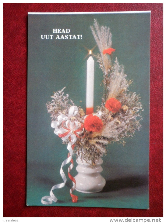 New Year Greeting card - candle - vase - carnation - flowers - 1990 - Estonia USSR - unused - JH Postcards