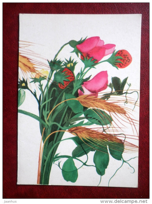 Greeting card - by M. Leis - flowers - strawberry - 1983 - Estonia USSR - unused - JH Postcards