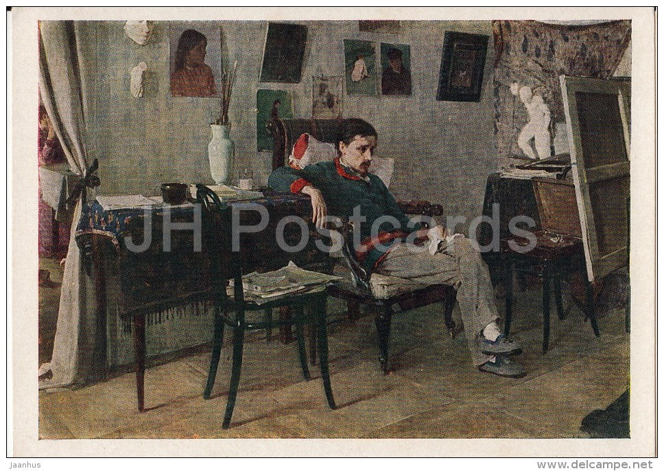 painting by A. Korin - Sick painter , 1892 - man - Russian art - 1957 - Russia USSR - unused - JH Postcards