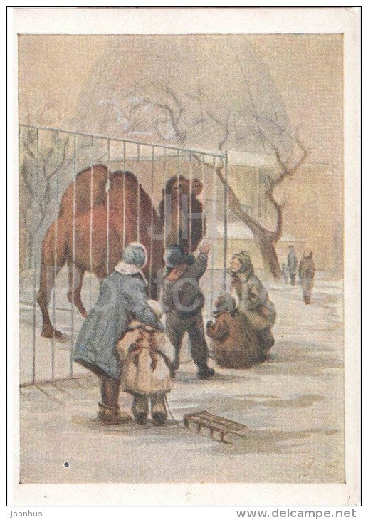 painting by L. Hinstein - Mocow Zoo - camel - russian art - unused - JH Postcards