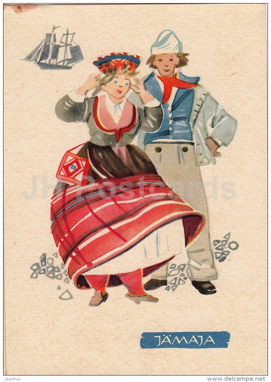 illustration by V. Tolli - Jämaja - Estonian Folk Costumes - 1960 - Estonia USSR - unused - JH Postcards