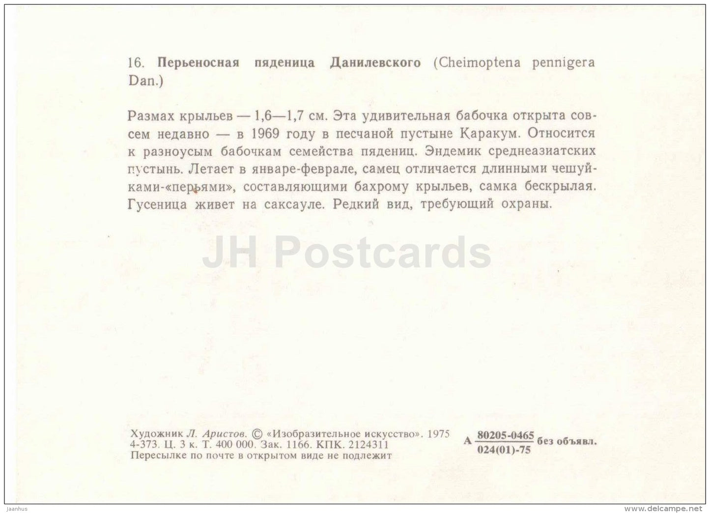 Cheimoptena pennigera - butterfly - 1975 - Russia USSR - unused - JH Postcards