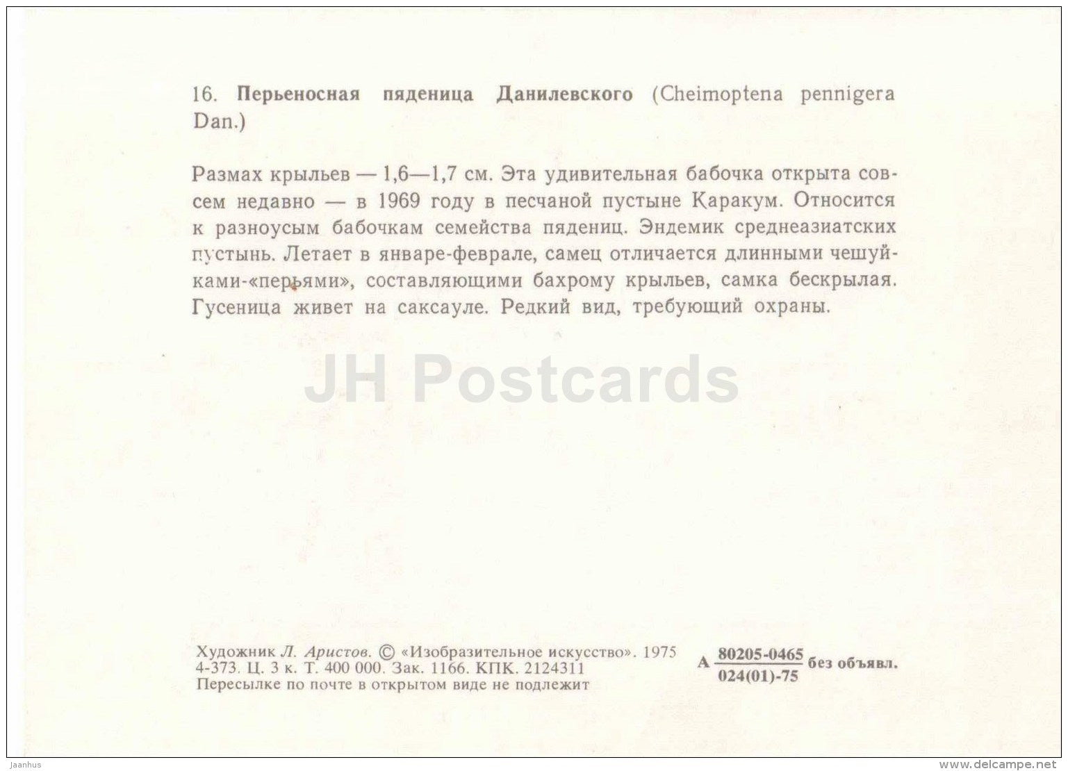 Cheimoptena pennigera - butterfly - 1975 - Russia USSR - unused - JH Postcards