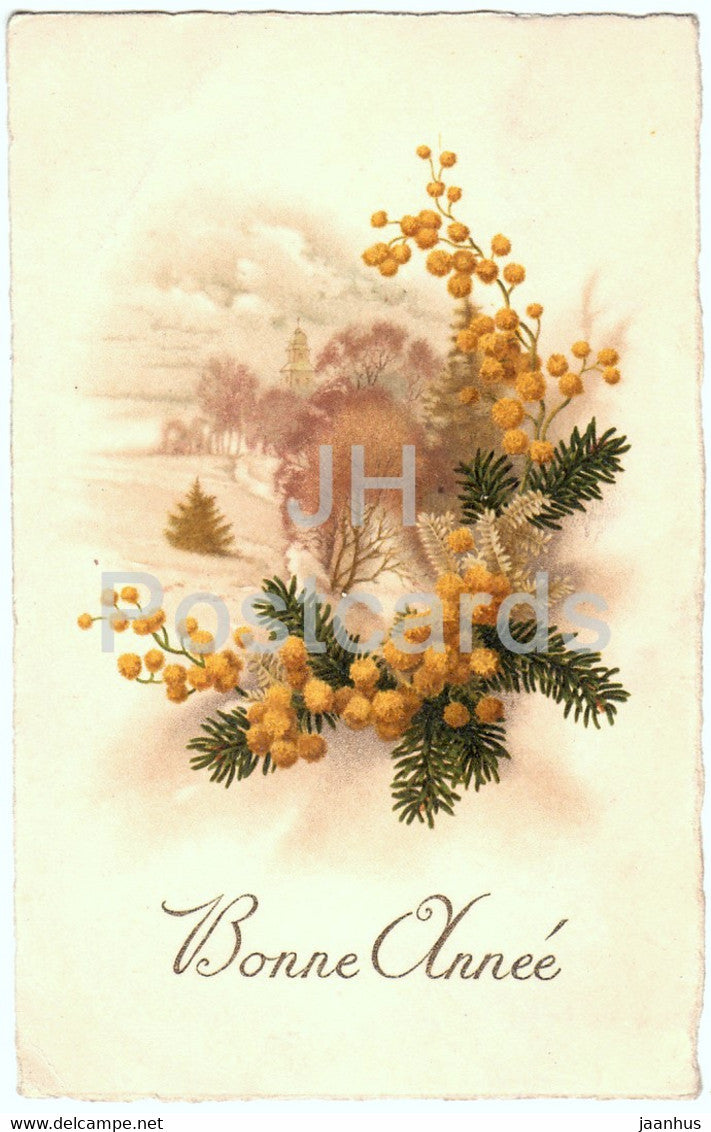 Birthday Greeting Card - Bonne Annee - yellow flowers - 1 - illustration - old postcard - France - used - JH Postcards