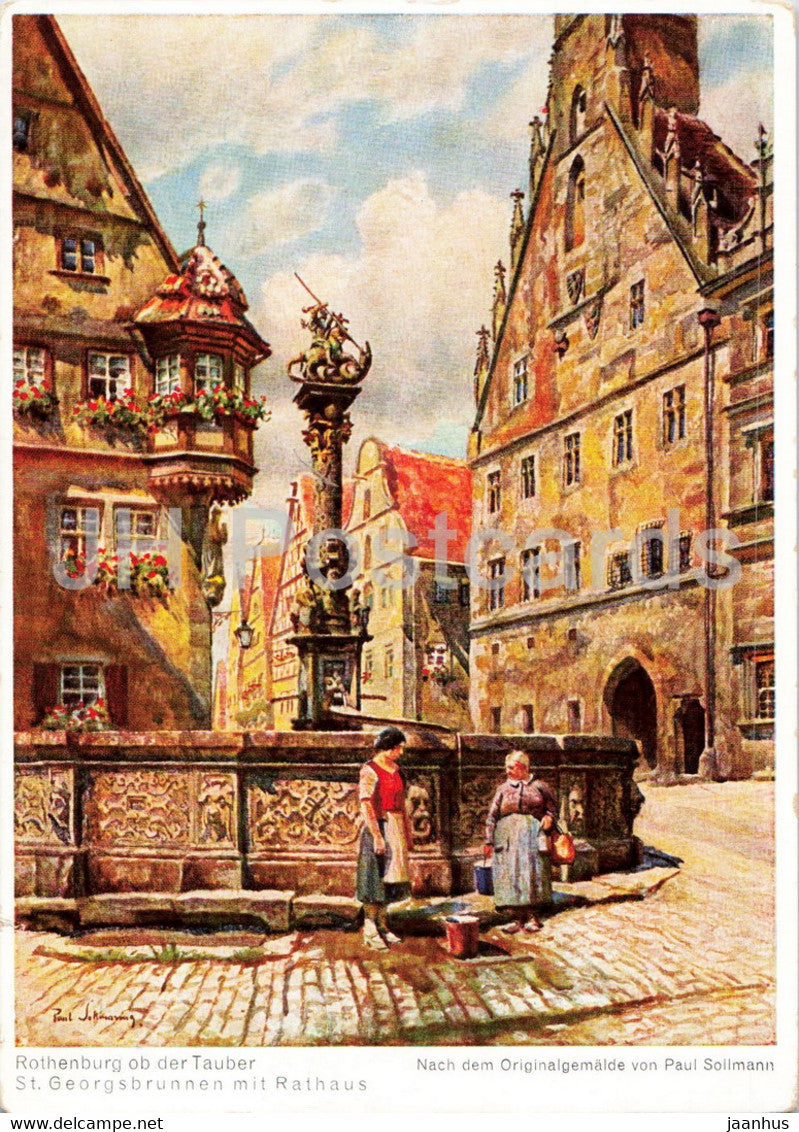 painting by Paul Sollmann - Rothenburg ob der Tauber - St Georgsbrunnen - German art - old postcard - Germany - unused - JH Postcards