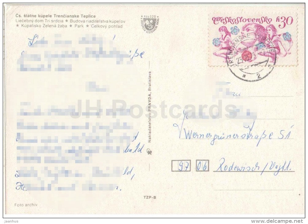 Trencianske Teplice - spa house Tri srdcia (Three Hearts) - park - Czechoslovakia - Slovakia - used - JH Postcards