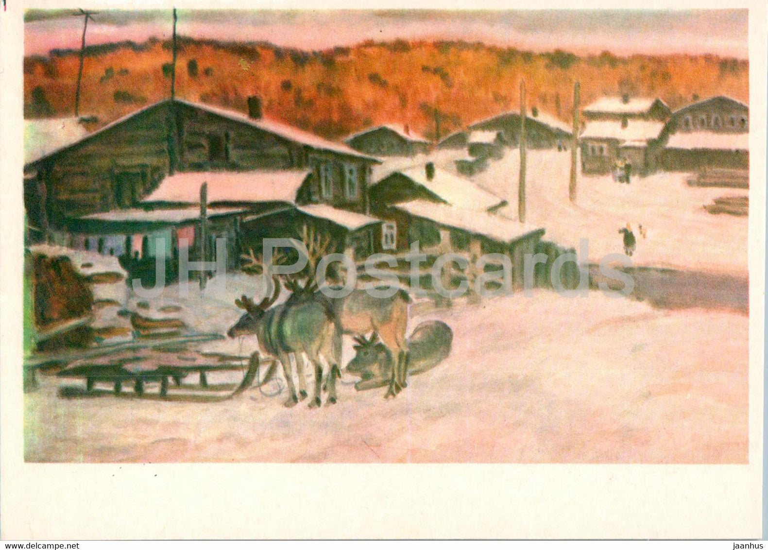 painting by V. Rogachev - near Severouralsk - reindeer - animals - Urals - Russian art - 1984 - Russia USSR - unused - JH Postcards