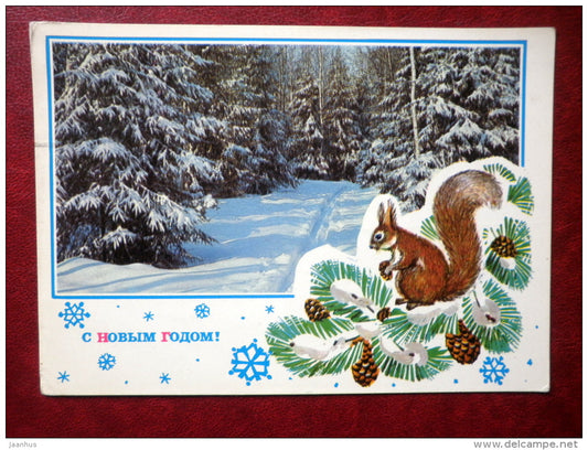 New Year Greeting card - winter forest - squirrel - 1975 - Russia USSR - used - JH Postcards