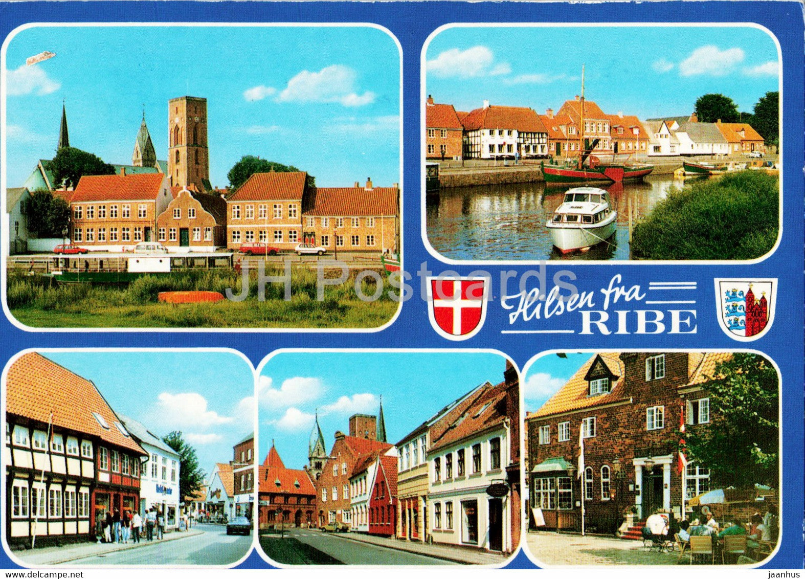 Greetings from Ribe - boat - town views - multiview - 1991 - Denmark - used - JH Postcards