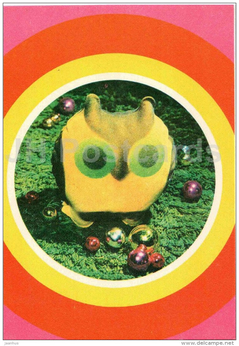 New Year Greeting card - owl - decorations - 1977 - Estonia USSR - unused - JH Postcards