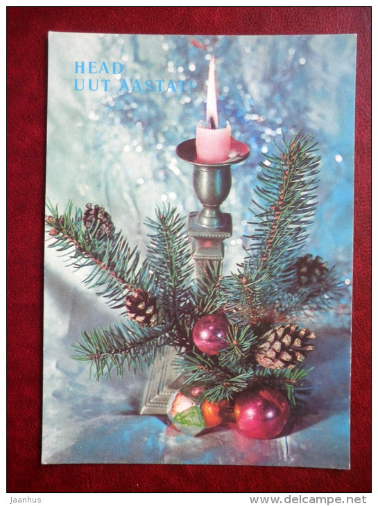 New Year greeting card - candle - decorations - 1991 - Estonia USSR - unsed - JH Postcards