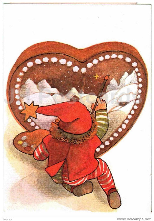 New Year Greeting card by Maarja Värv - gnome - gingerbread - 1990 - Estonia USSR - unused - JH Postcards