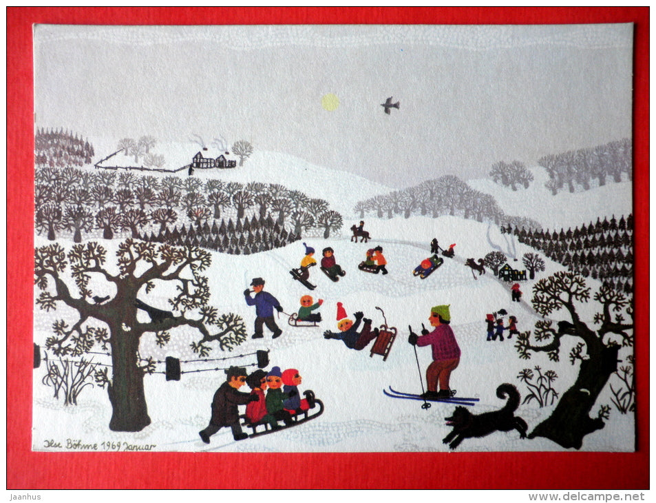 New Year Greeting Card - Winter Fun by I. Böhme - sleigh - dog - ski - Germany - unused - JH Postcards