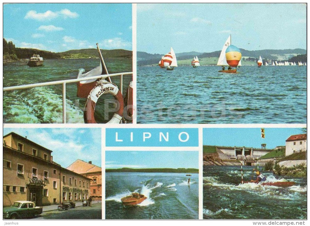 Lipno - sailing boat - dam - motor boat - Czechoslovakia - Czech - used 1974 - JH Postcards