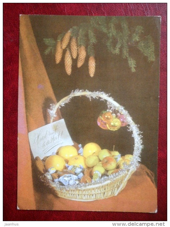 New Year Greeting card - apples - cones - candies - 1971 - Estonia USSR - unused - JH Postcards