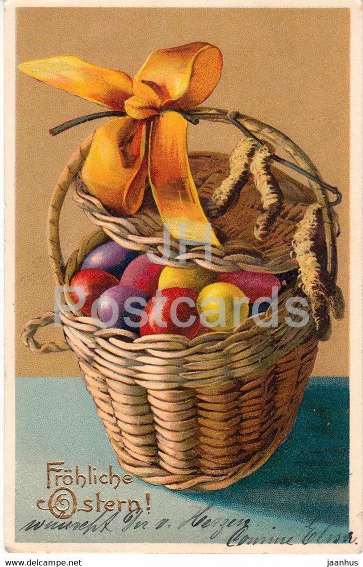 Easter Greeting Card - Frohliche Ostern - basket - eggs - Schwenke - 3340 - old postcard - 1908 - Germany - used - JH Postcards