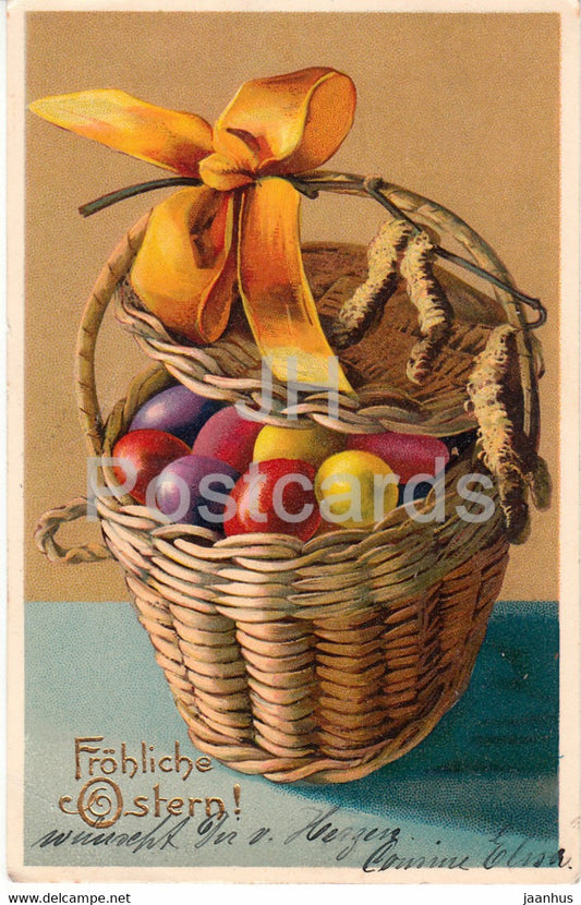 Easter Greeting Card - Frohliche Ostern - basket - eggs - Schwenke - 3340 - old postcard - 1908 - Germany - used - JH Postcards