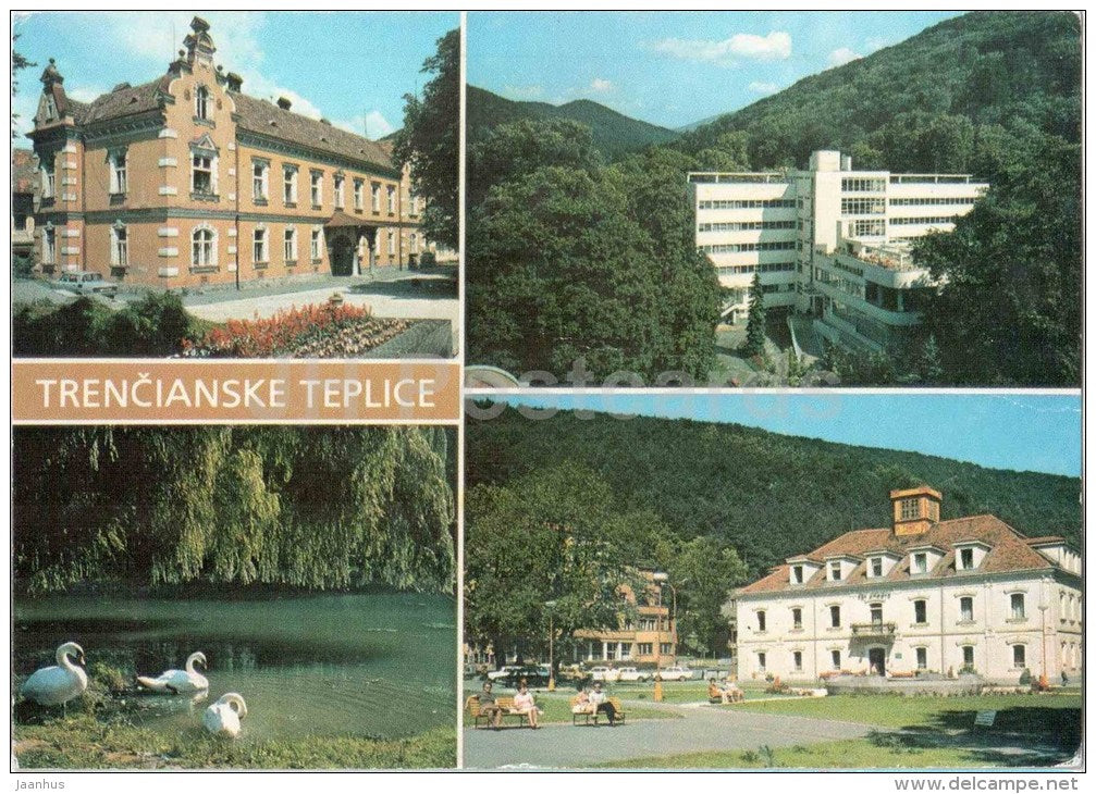 Trencianske Teplice - spa houses Atila , Machnac - Tri Srdcia - pond - Czechoslovakia - Slovakia - used 1987 - JH Postcards